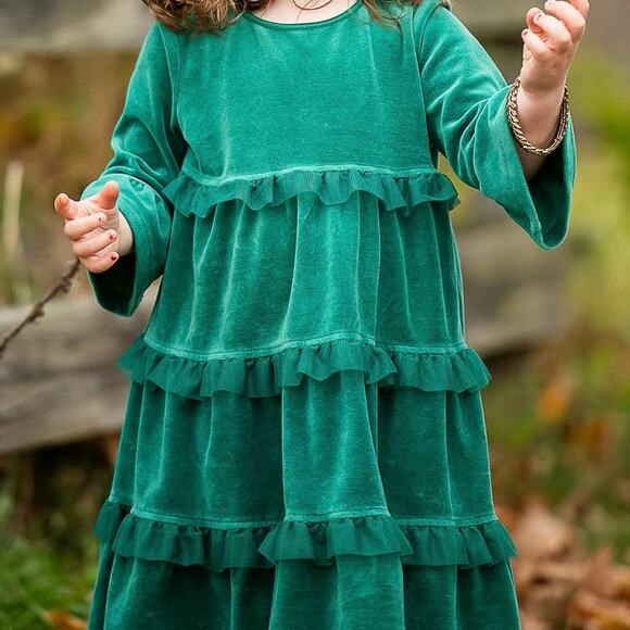 Hanna Andersson Other - Hanna Andersson | Green Tiered Short Sleeve Dress Christmas Holiday Velvet